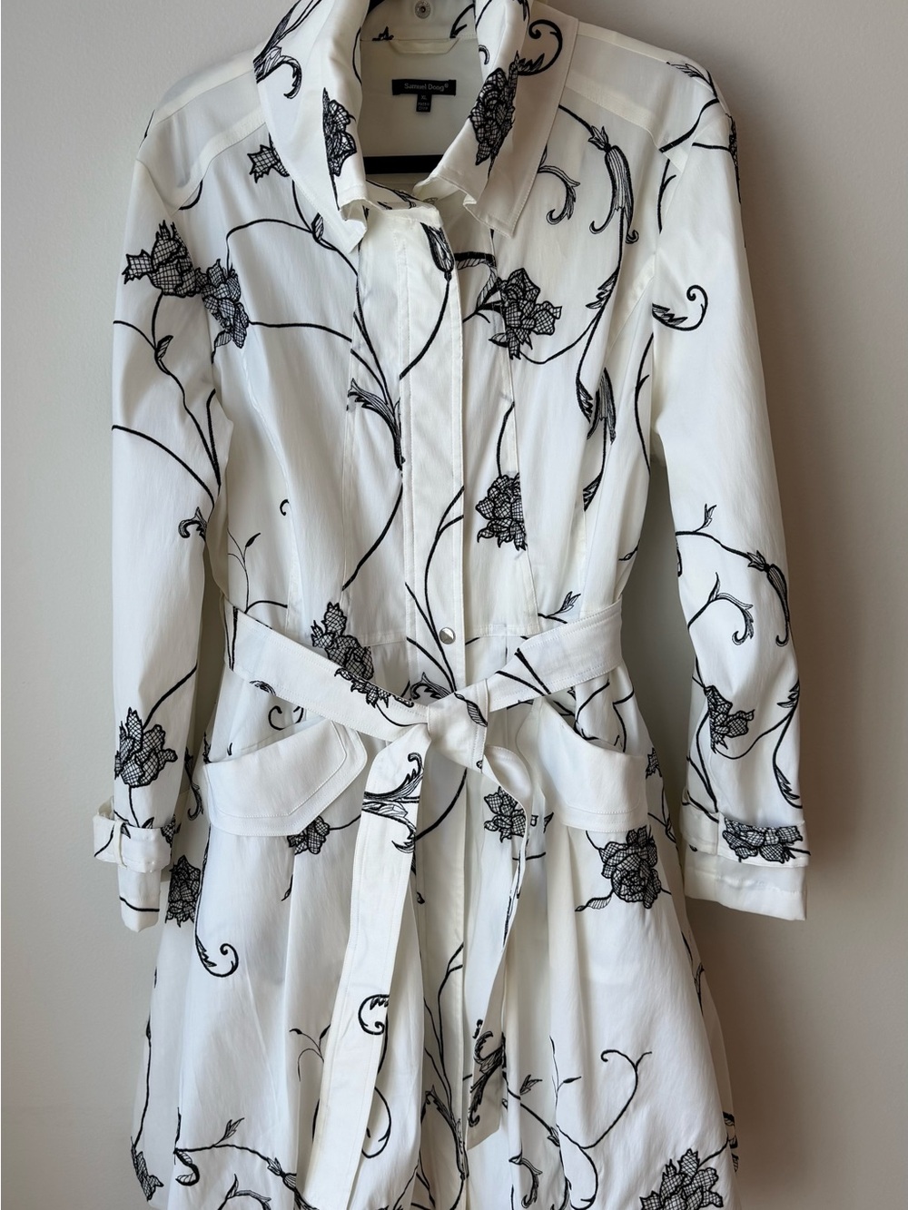 Samuel Dong White Long Sleeve Floral Belted Shirt Dress